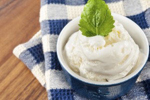 White vanilla ice-cream with green mint. Closeup.