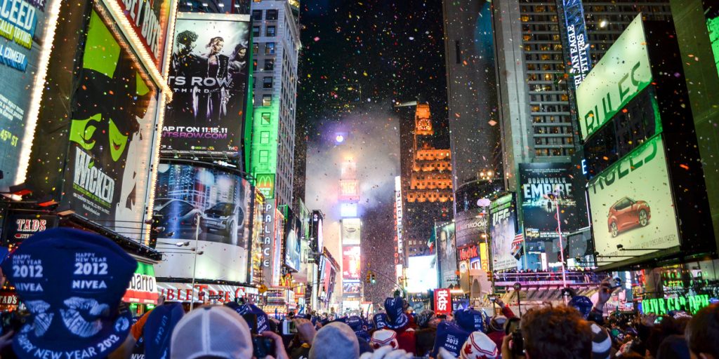 New York, United States - December 31, 2011: Fireworks and confetti display as the ball drops on New Year's eve in Time Square in 2012