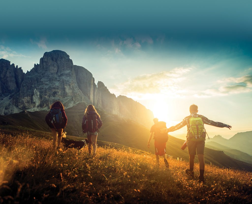 A group of teenage friends, together with a dog (border collie), adventures on the mountain, on the Italian Dolomites.