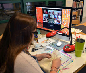 Heather Henderson leads campers in a stitching project at the Daring Drawings  Curious Colors virtual camp