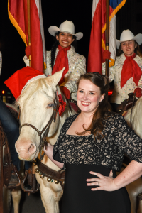 Martha Alcantar riding Cotton, Sam Pennese on the right, and Jennifer Youngs, Soprano Soloist